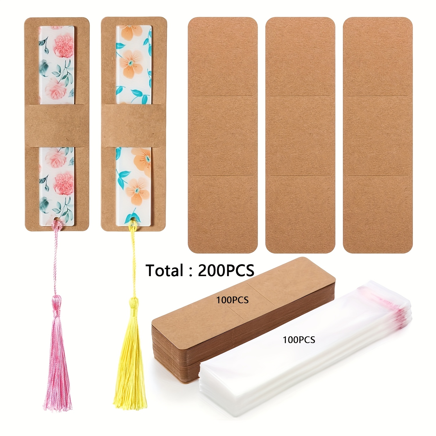 Image of 200pcs Bookmark Clip Set Paper Bookmark Cover With Transparent Self Adhesive Bag Blank Bookmark Display Card Cover