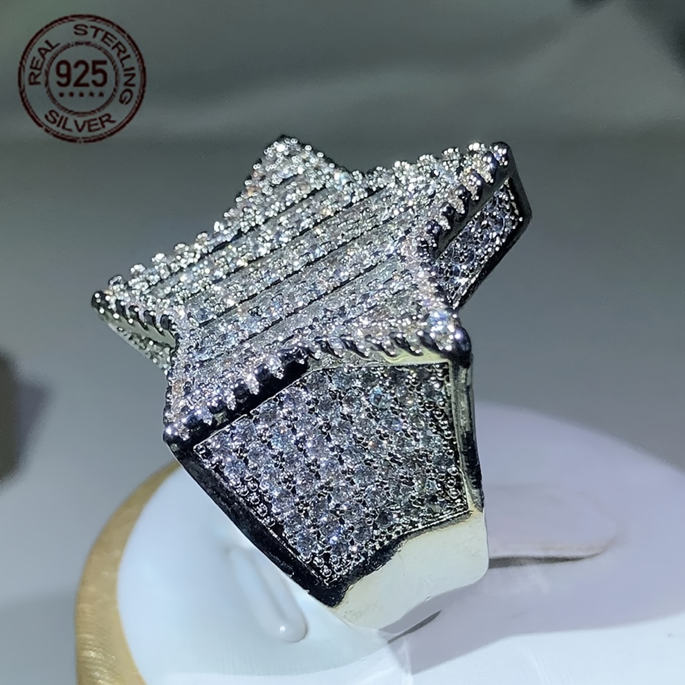 Luxury 925 Sterling Silvery Ring Ice Out Sparkling Zirconia Rappers HipHop Ring Star Shape Rings For Men Exaggerated Jewelry