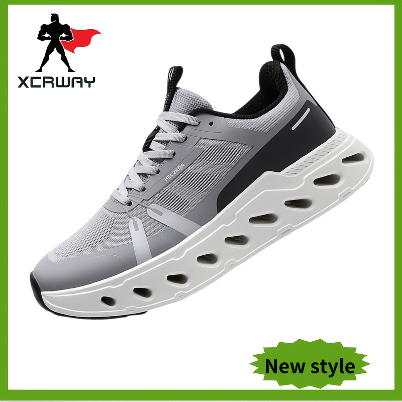 XCRWAY Men's Lightweight Sneakers with Hexagonal Gel Shock Absorption - Grey/Black Low-Top Breathable Running Shoes Suitable for Gym, Hiking, Urban Commute - All-Season Cushioned Athletic Footwear