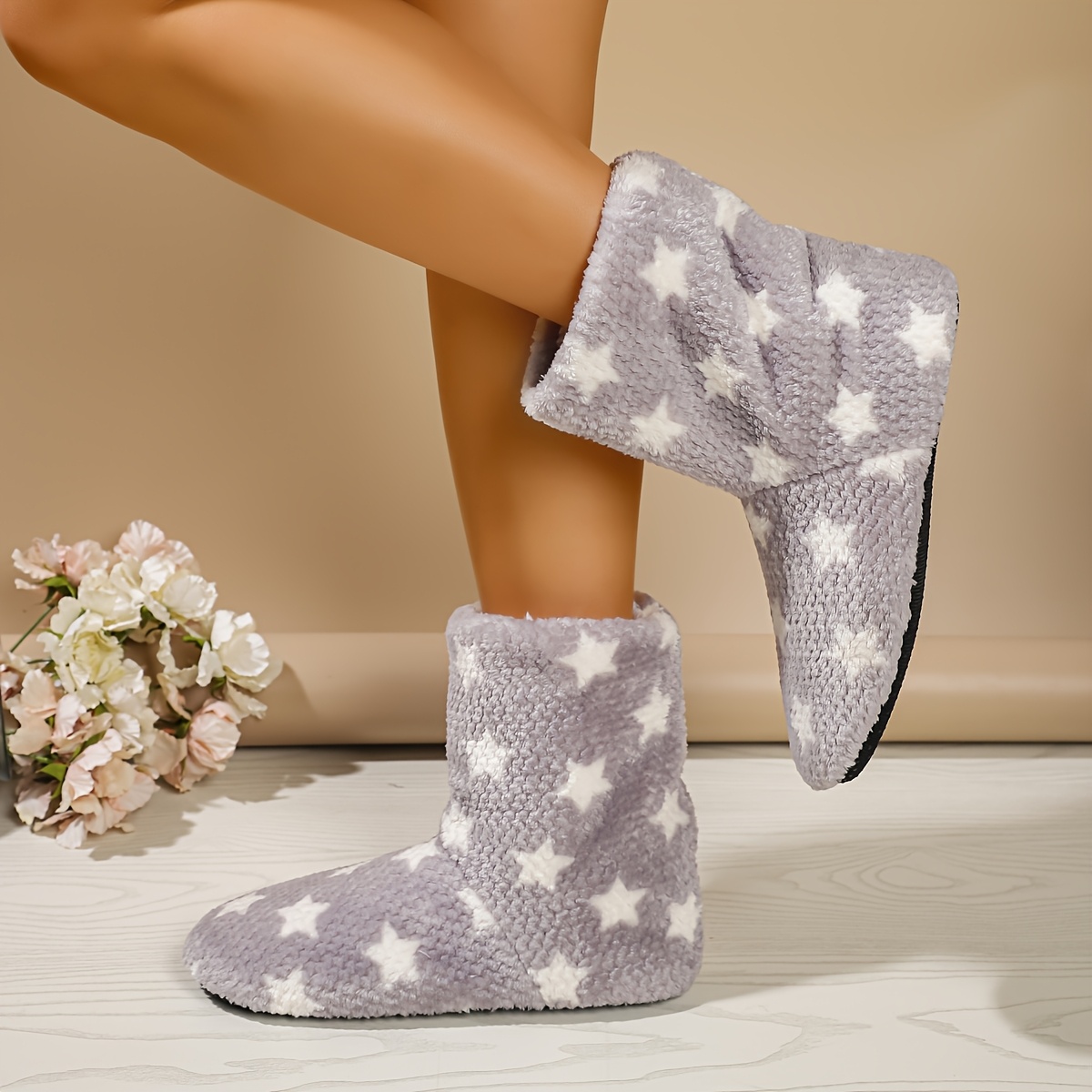 cozy star heart print plush womens slipper boots warm non slip   calf floor shoes with soft sole details 7