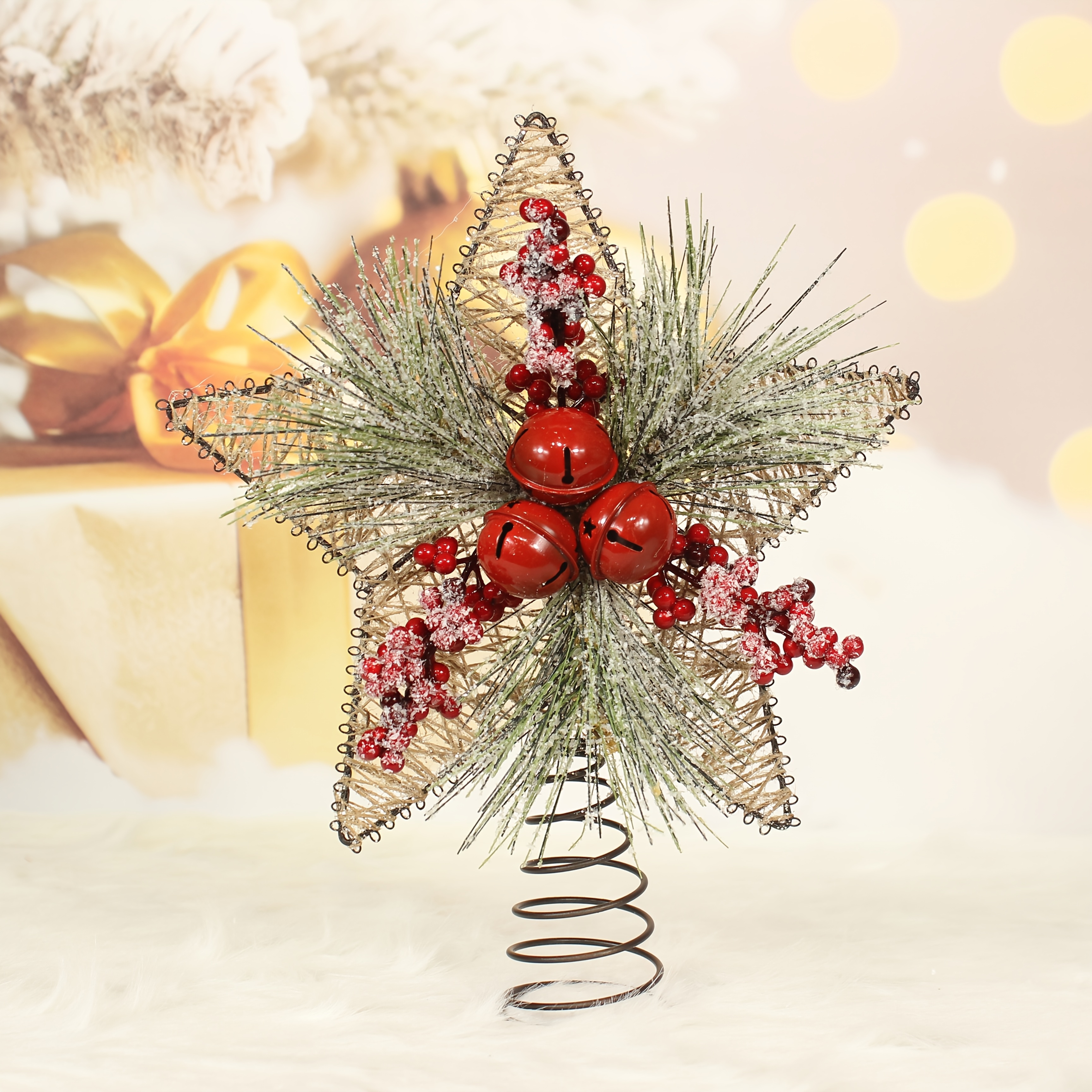 Image of An 11.5-inch Tree Topper Star, Featuring Artificial Pine Needles And Berries, With A Metal Bell. Suitable For Christmas And Ideal As A Decoration For Home Holiday Parties