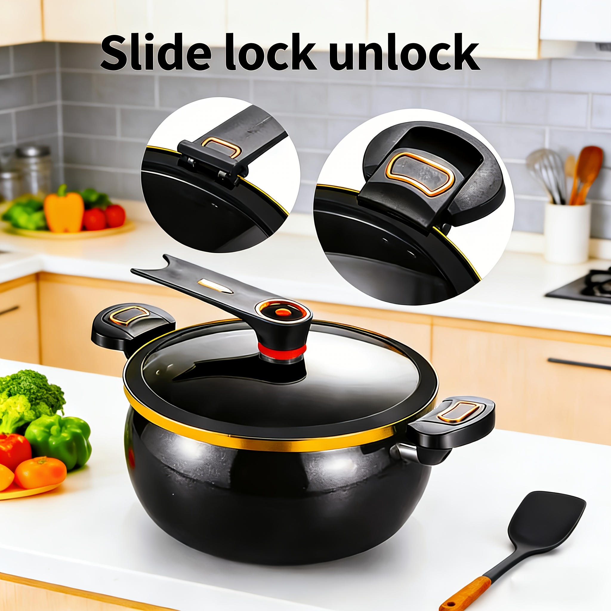 TEMU Batterie de cuisine noire en acier inoxydable de 7 litres avec une et un couvercle en verre avec des bordures dorées. Parfaite pour faire des