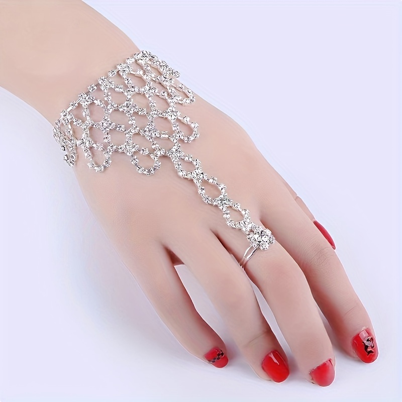 

Luxury Silver-plated Hand Chain Bracelet With Rhinestone Accents, Elegant Glass Bridal Back Of Hand Jewelry, Versatile For Daily Wear And Special Occasions, Valentine's Day Gift - 1 Piece