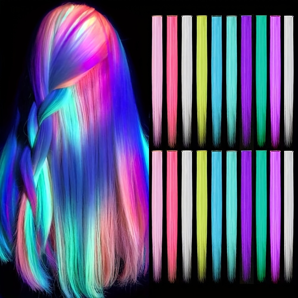 TEMU 20pcs/set -the-dark Clip-in Synthetic Hair Extensions, 20inch Colorful Fluorescent Neon Hairpieces For Women, Party Additions With Smooth Soft