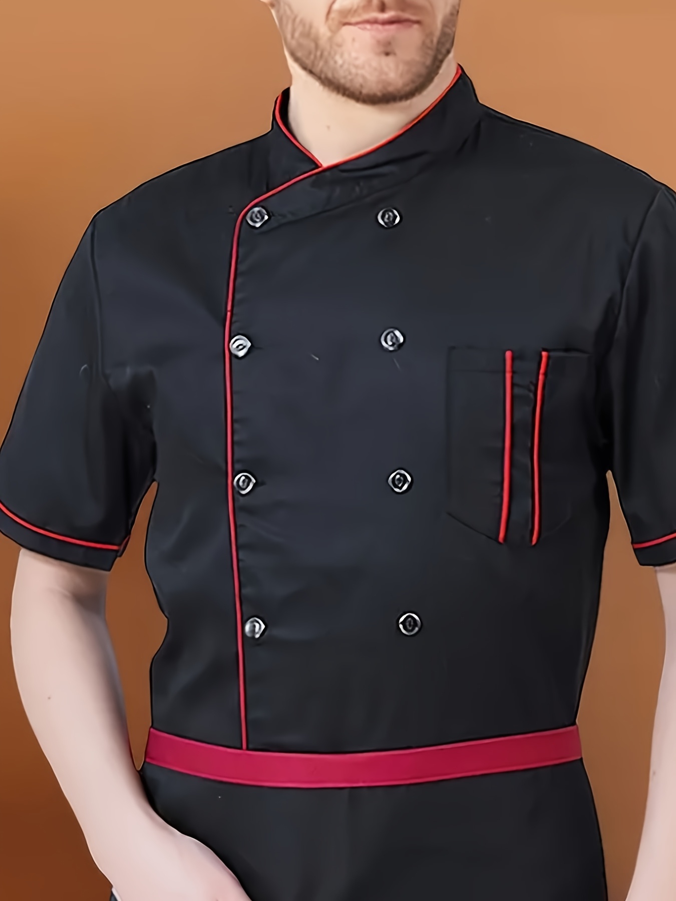 1pc   uniform for men breathable long sleeve with stand collar red trim pockets ideal for kitchen baking western restaurants school canteens machine washable polyester     mens uniform obm 0