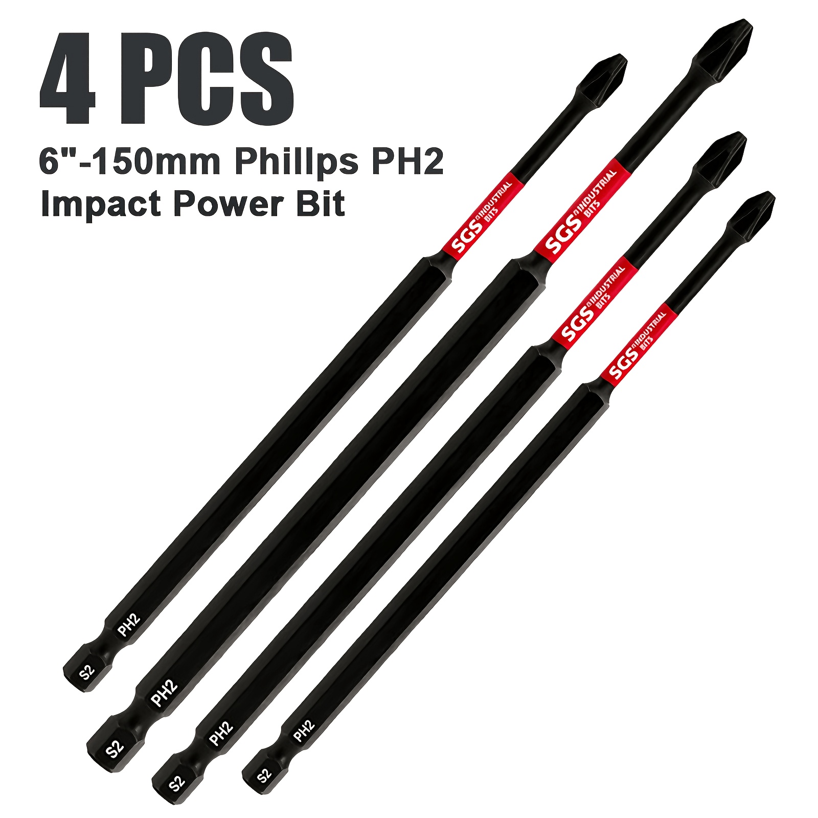 TEMU 2/4/6pcs Embout de tournevis à impact Phillips étendu PH2 en acier S2 de qualité industrielle, 6 pouces (150 mm), embout de tournevis magnétique