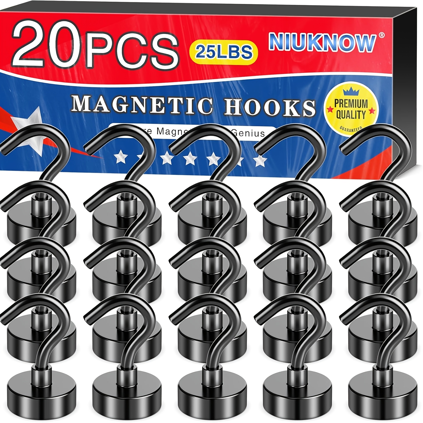 

20pcs Heavy Duty Neodymium Magnetic Hooks - 25lbs Strong Metal Magnets For Fridge, Oven Mitts, Whiteboards & More - Polished Industrial Hardware