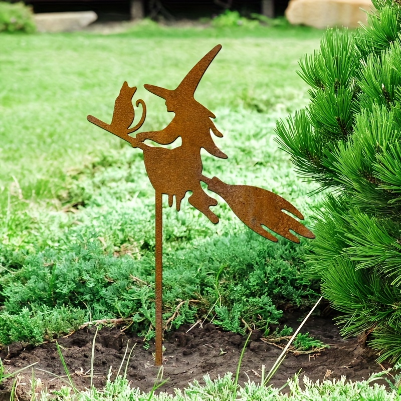 E-shop [Early Bird Special] Halloween Bodeneinsatz Rostige Hexenbesen Katze Hof Dekoration Vintage Eisen Gartenschild Edition Outdoor Landschaft