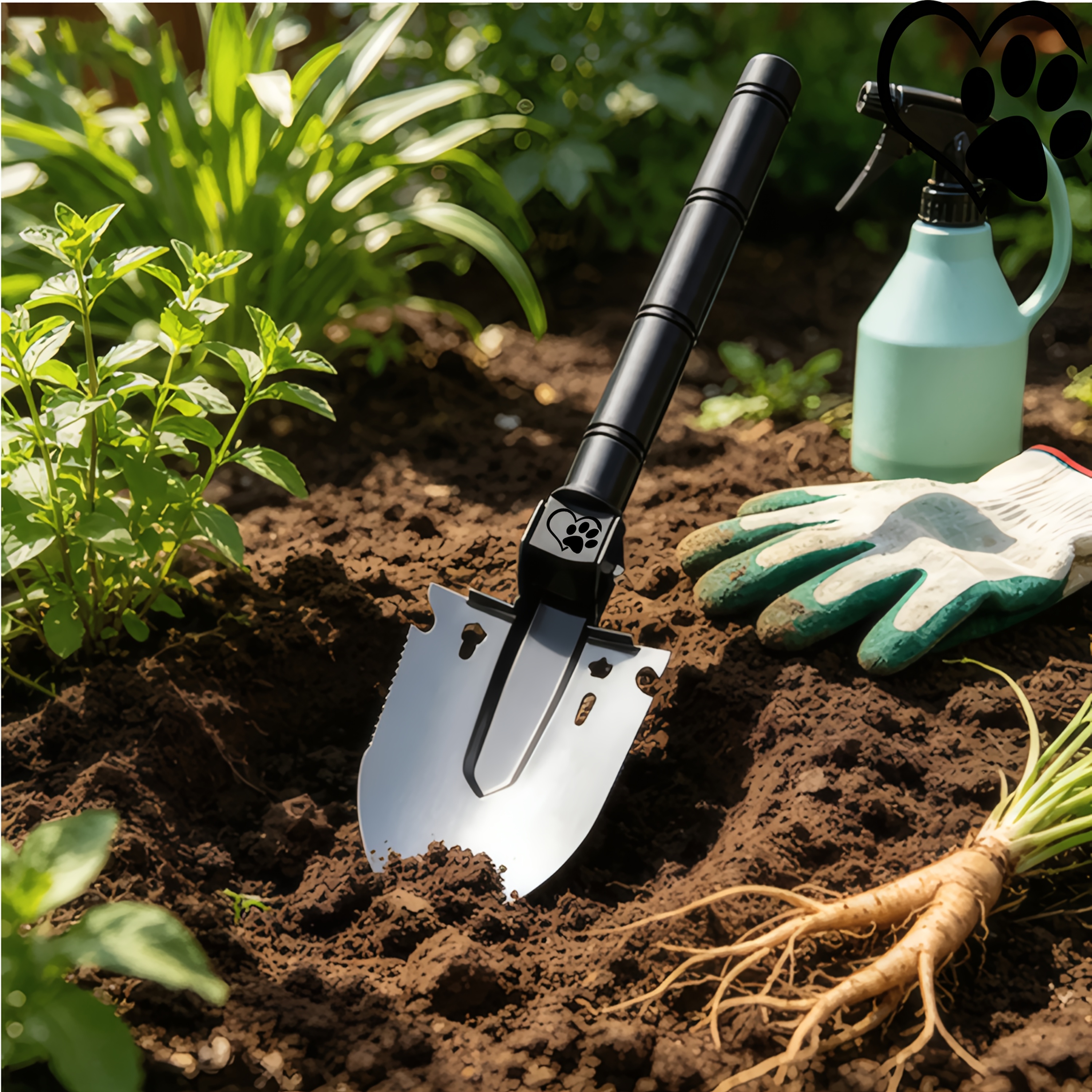 Heart-Shaped Animal Paw Print Pattern Multi-Functional Shovel for Outdoor Use