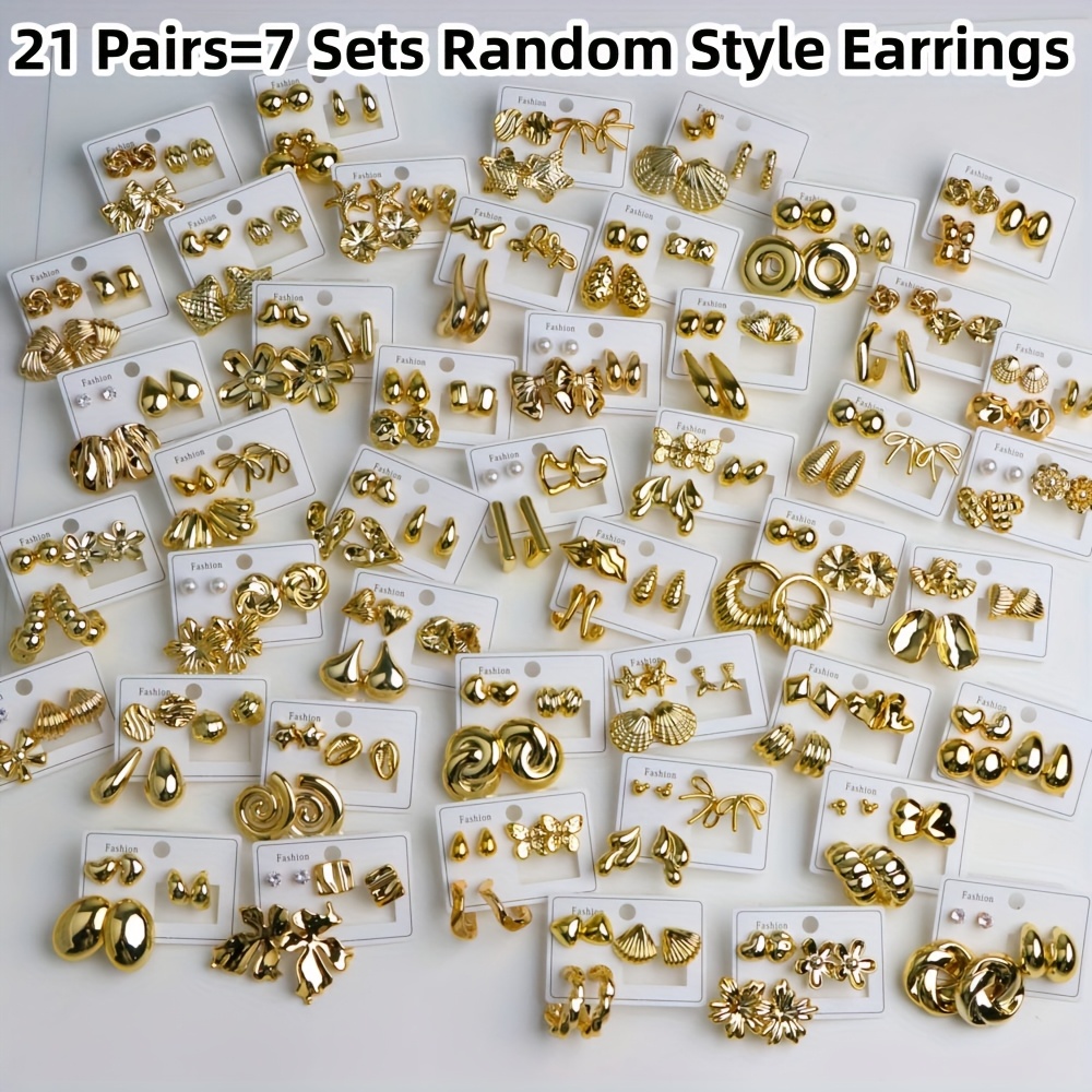 TEMU 21 Pairs/elegant Easy Irregular Women's Stud Earrings Set, Daily Party Fashion Versatile Jewelry Additions Random Style Holiday Gift