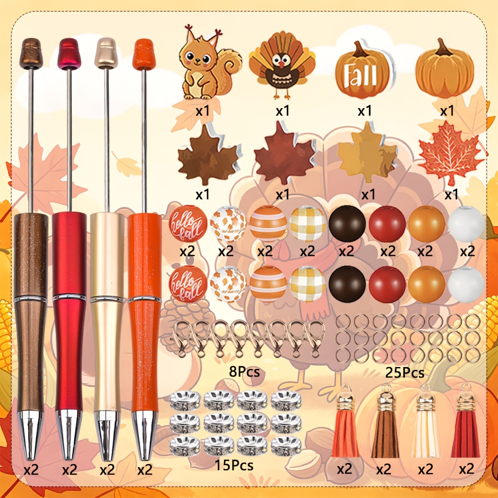 TEMU 8pcs Thanksgiving Autumn Squirrel, Turkey, And Maple Leaf Bead Pen Set, School And Office Stationery, Back-to-school/graduation Season Gift