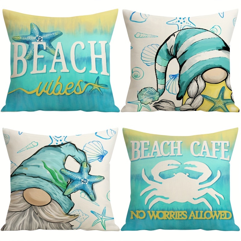 

4pcs Summer Pillow Covers 18x18 Inch Starfish Gnomes Throw Pillow Covers Beach Summer Decorations Blue Ocean Shells Sea Crab Cushion Covers For Sofa Couch
