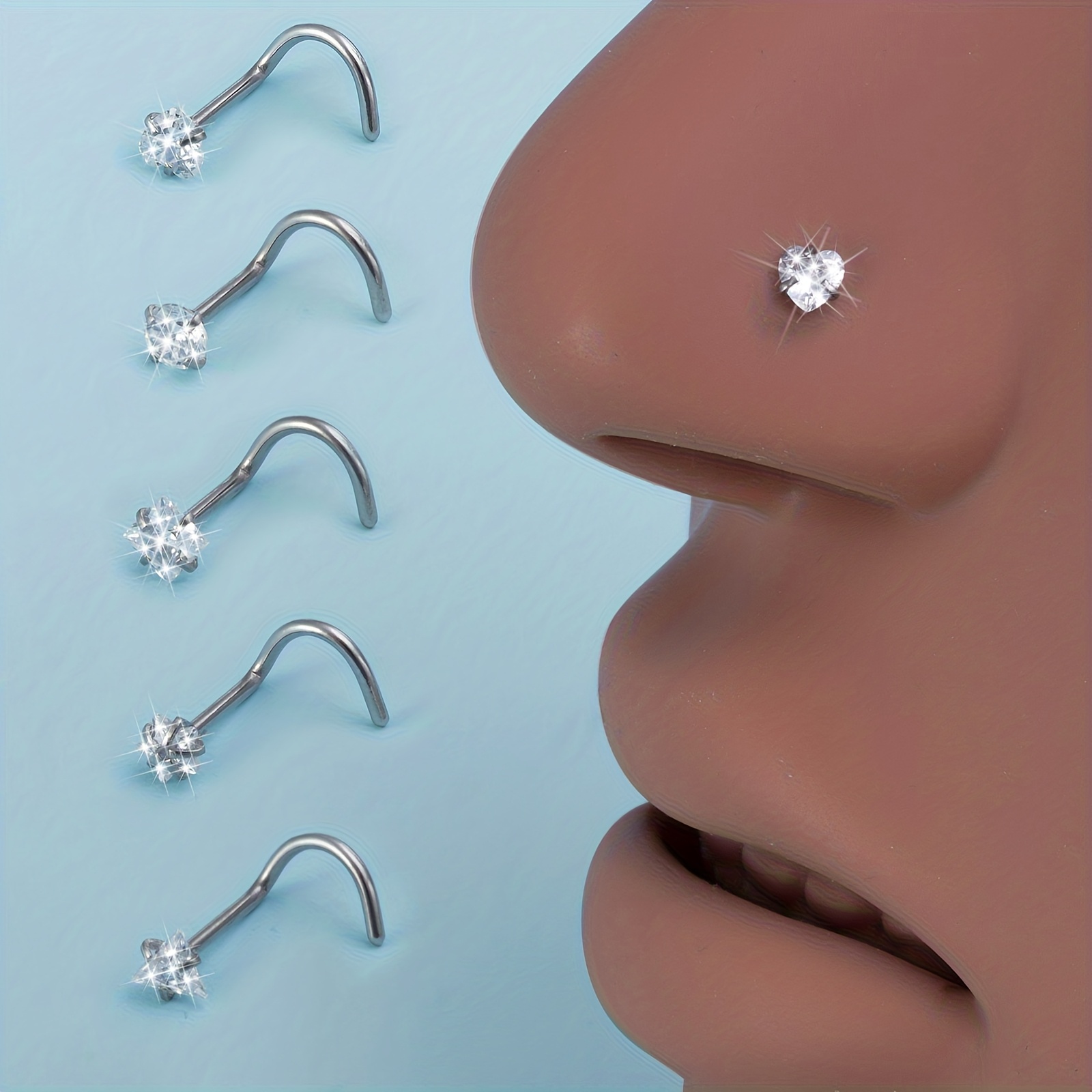 E-shop 5-teiliges Set Synthetische Kubische Zirkonia Schraub-Nasenringe Herz Stern Nasenpiercing Edelstahl Nasenstecker Körperschmuck 20 Gauge