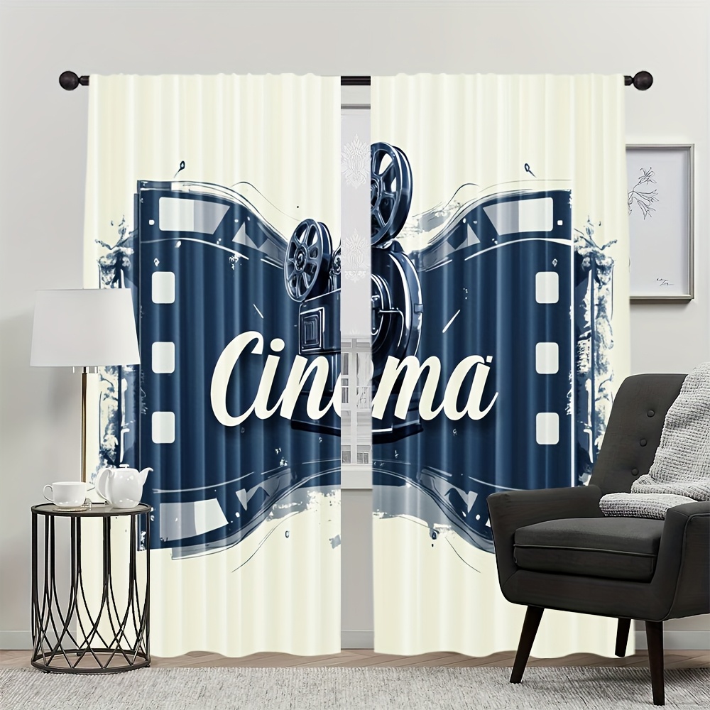 2pcs   decorative curtains movie theater poster design with strip frame 100 polyester light filtering rod free curtains for living room bedroom kitchen bathroom contemporary   decor kitchen curtain   theme design textured fabric