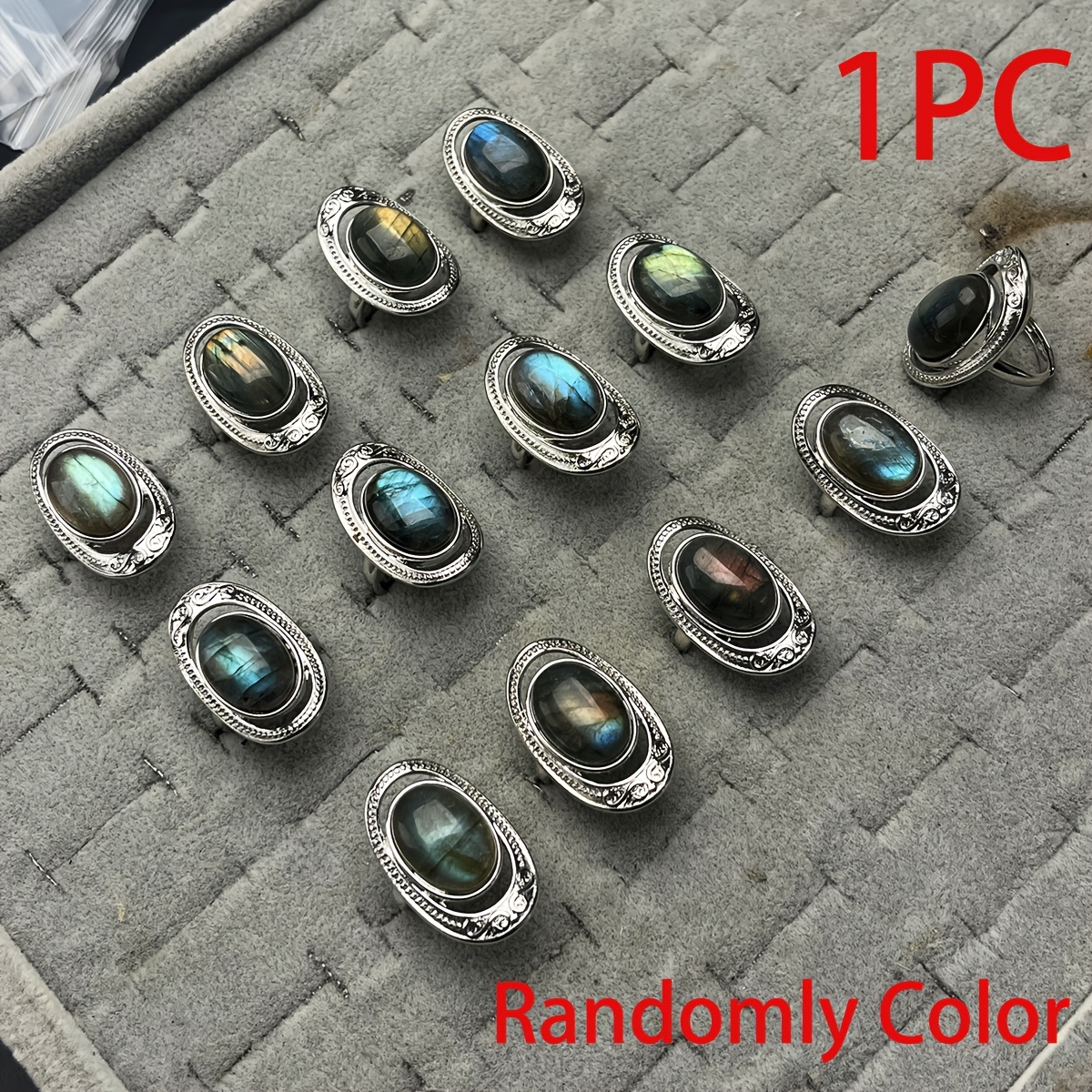 TEMU 1pc Random Vintage Bohemian Natural Stone Ring For Men And Women - Adjustable Ring, Antique Silvery Labradorite Rings, Cabachons Labradorite