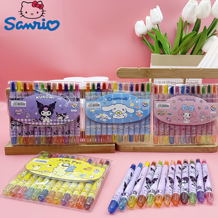 

Sanrio 12pcs Crayon Set - Vibrant Colors, Kuromi & Melody Designs, Creative Drawing And Painting Sticks, Office Supplies