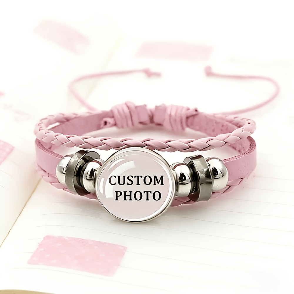 TEMU Pulsera rosa extensible personalizable con foto, cristal vintage y cuerda trenzada, elegante, para casual, pulsera ajustable.