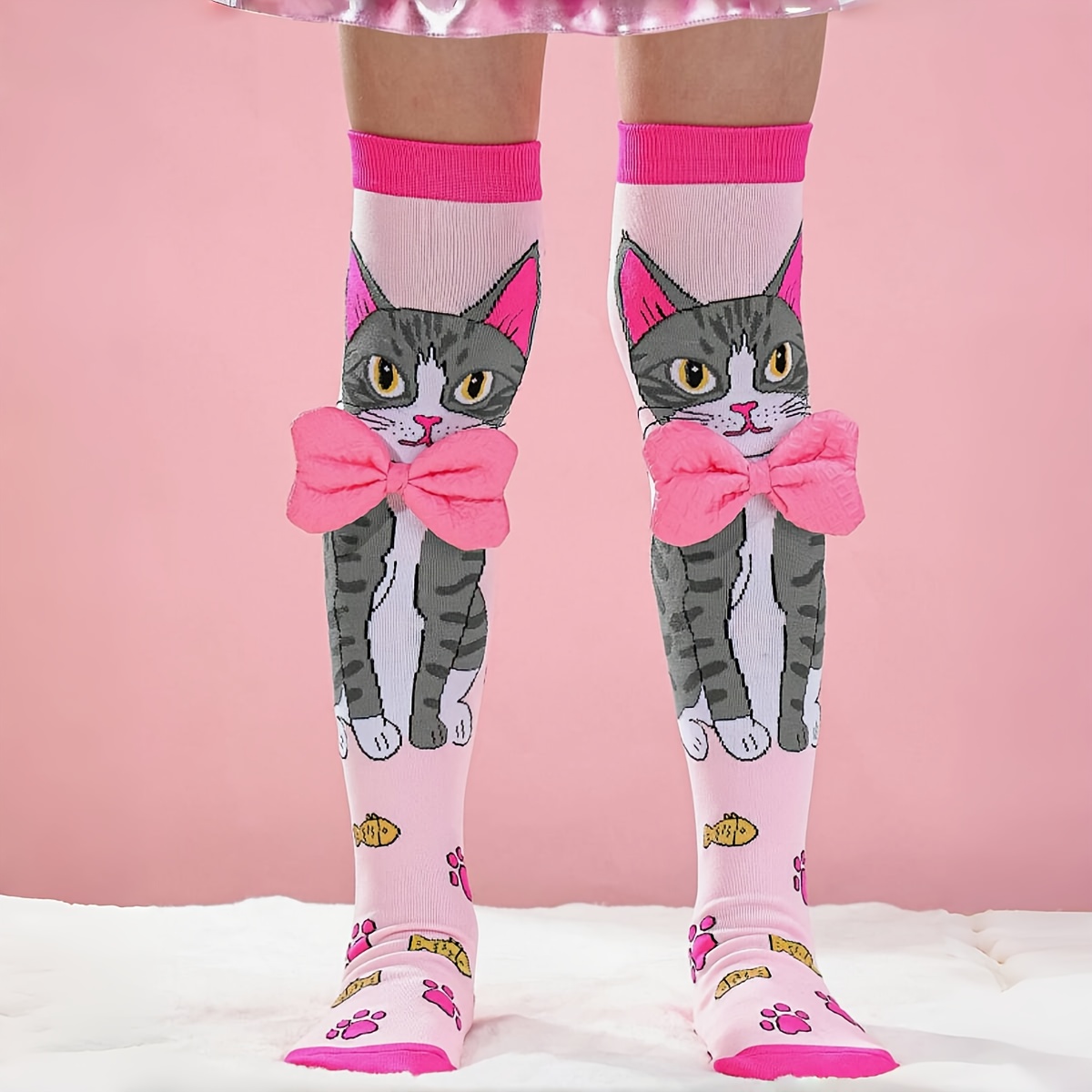1 Paar Meisjes Over-de-Knie Sokken met Schattig Kattenontwerp & Roze Strikjes - Levendige Roze Polyester Sokken voor Alle Seizoenen