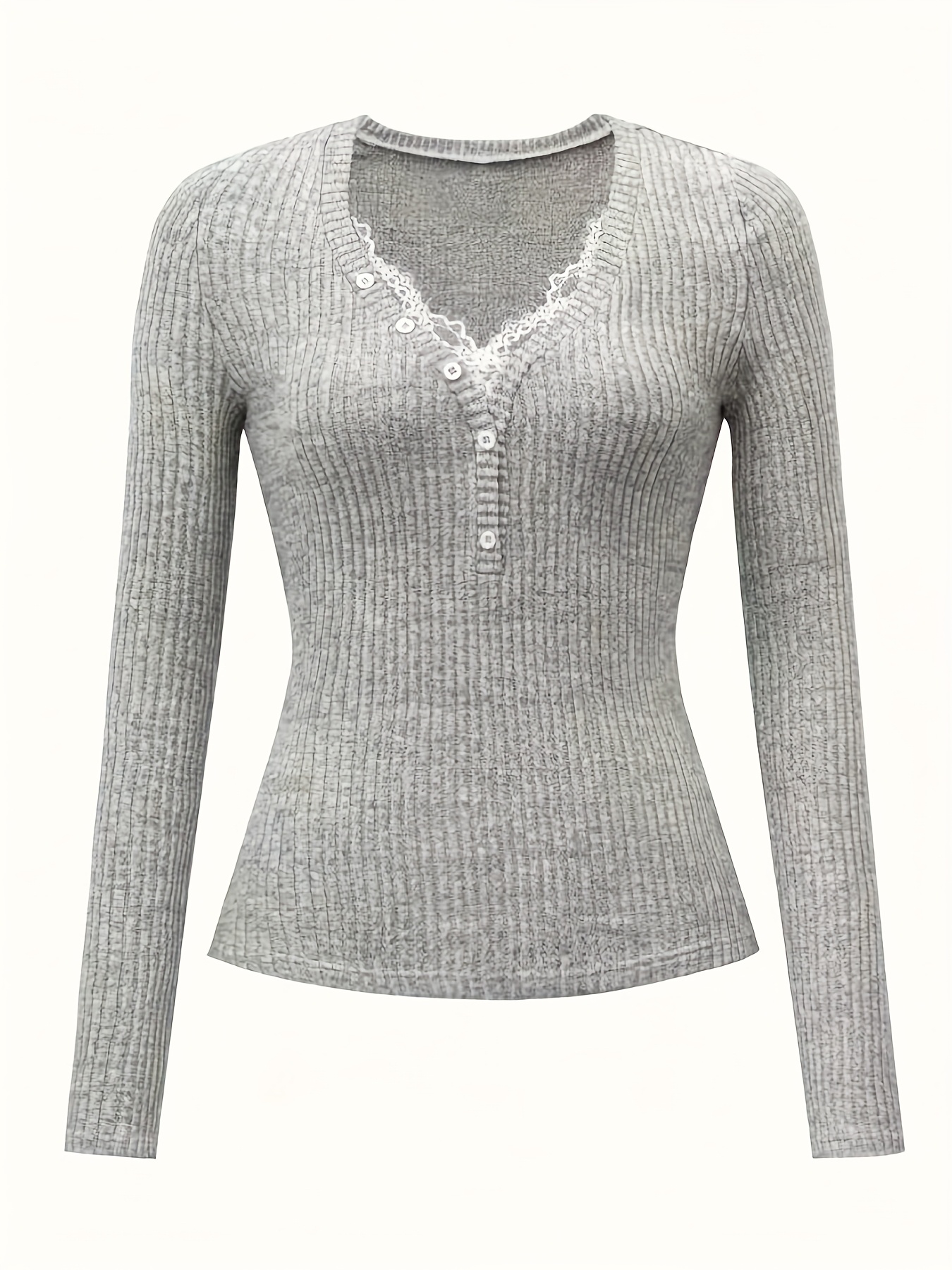 女士休闲针织 v 领蕾丝拼布纽扣装饰长袖秋冬上衣 女士秋季服装 商品详情 4