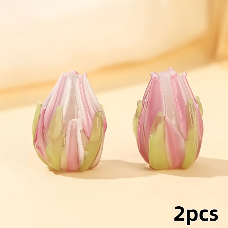Image of 2pcs Tulip Glass Beads For Creative Making, Handcrafted Design - Perfect For Fashion Diy Projects And Bead Assortments