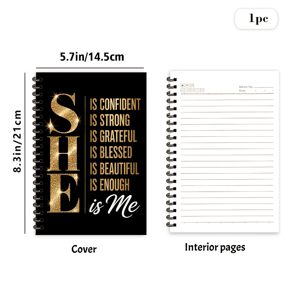 TEMU Sparkle She Affirmation Cover With Strong Grateful Blessed Quotes, Spiral Writing Notebook For Women, A5 Daily Journal For Motivation, Study