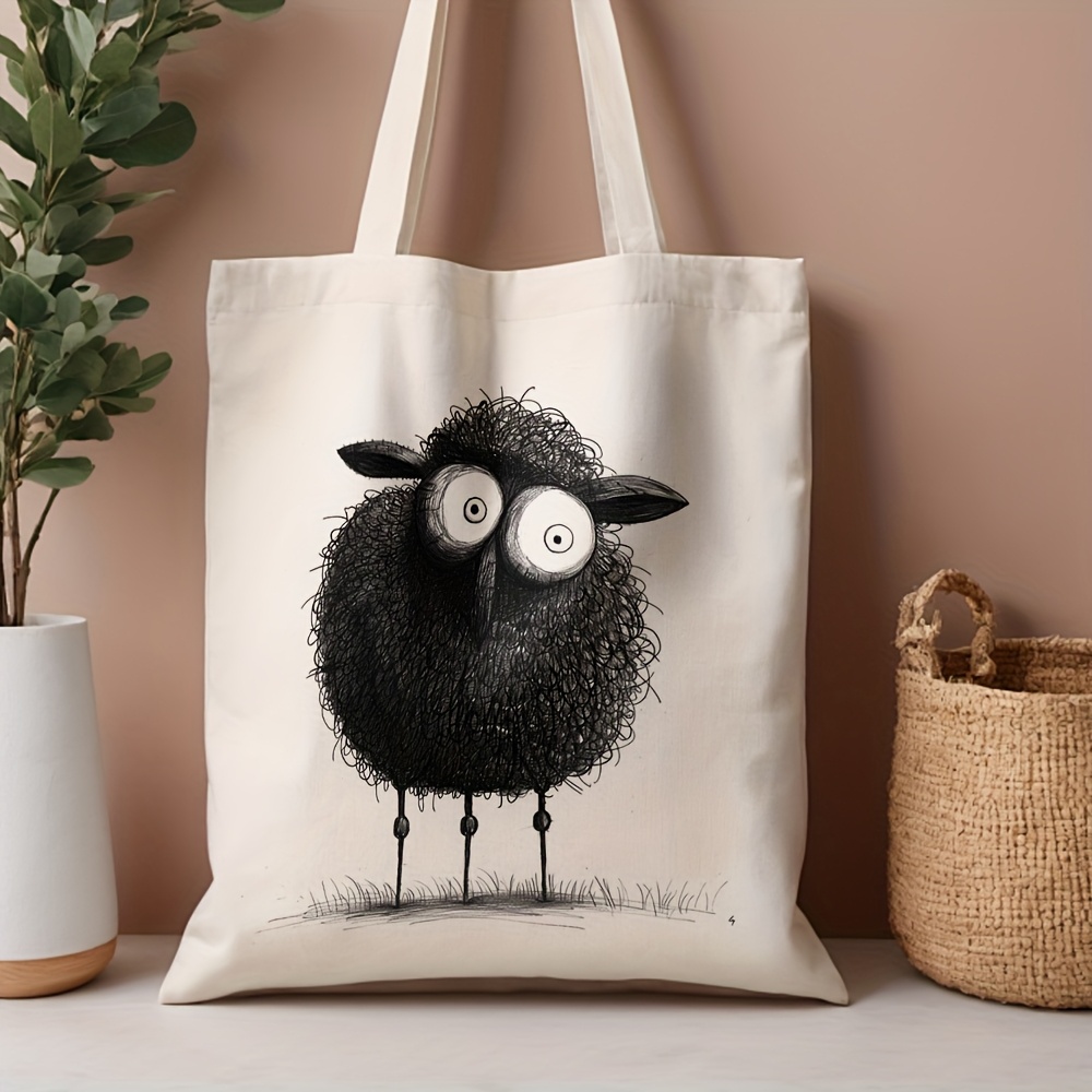 TEMU 1pc Bolsa de de Oveja con Diseño de Cara de Oveja y y Oveja - Bolsa de Compras de Lona Duradera (13.8"x15.8") Beige con Asa Negra Resistente -