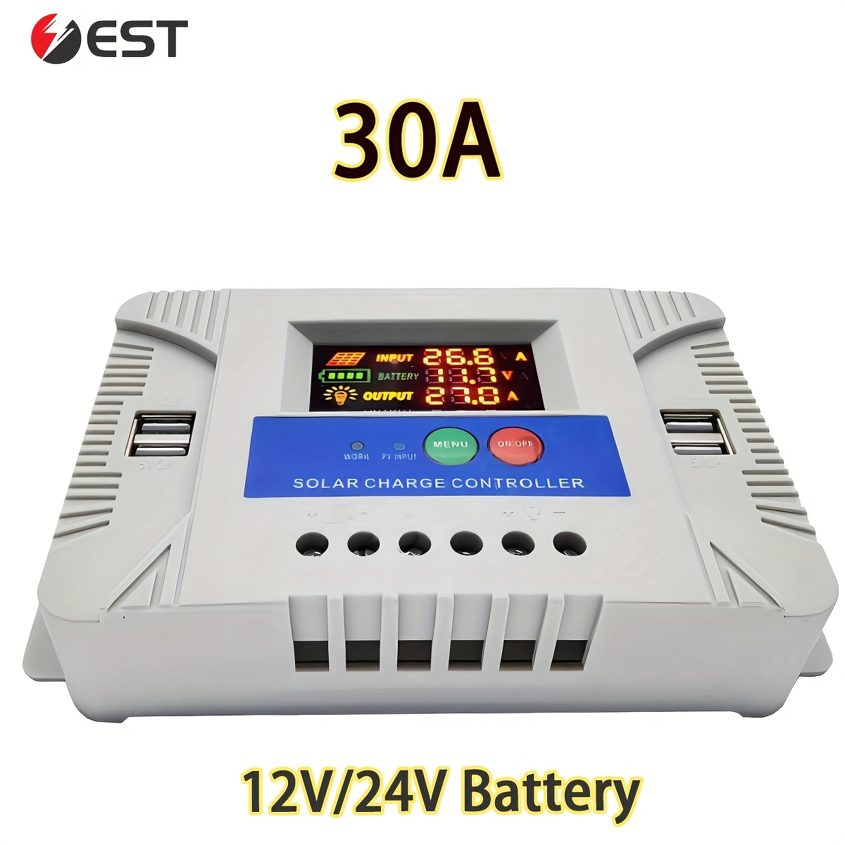 30a   charge controller 12v 24v auto sensing 3 stage pwm charging boost bulk float compatible with lead acid agm gel li ion lifepo4 lcd 4 usb ports for off grid street lights outdoor