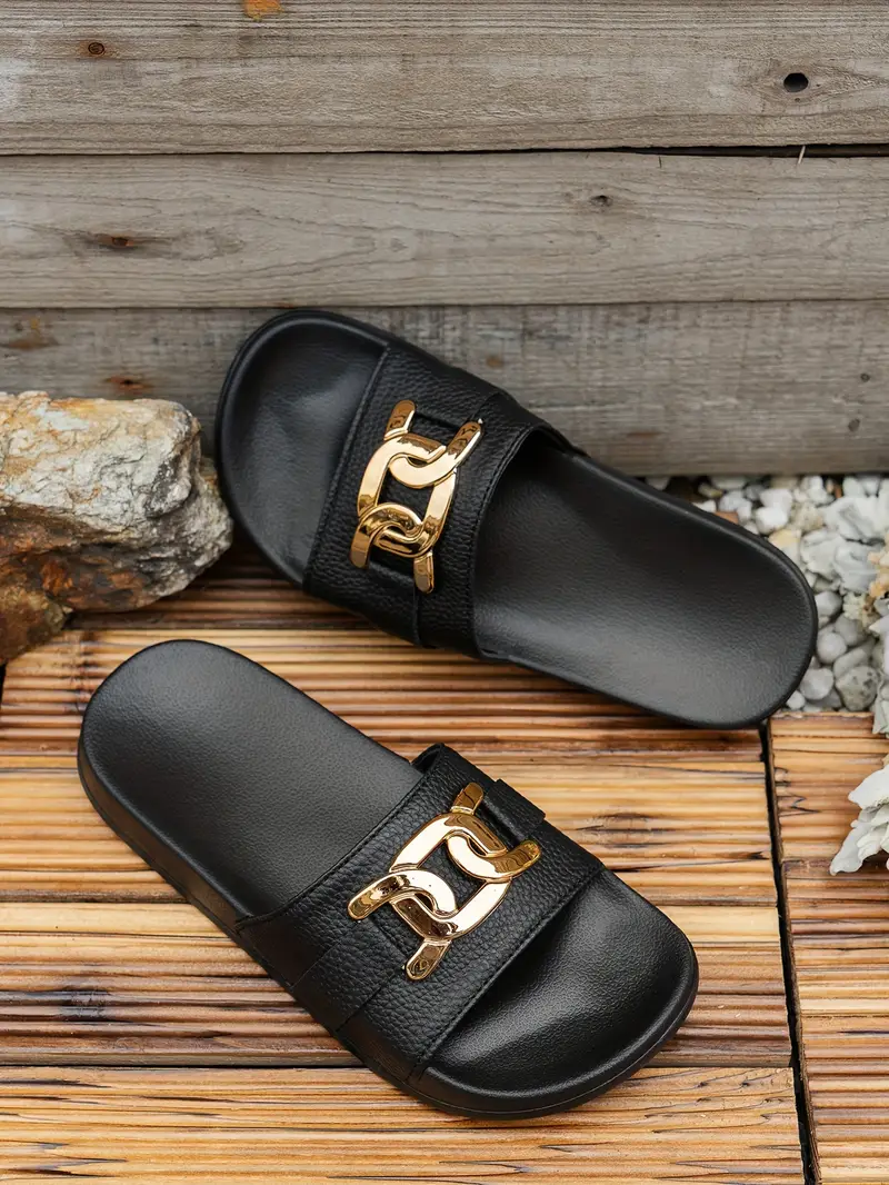1 pair womens summer fashion elegant golden round toe slides slip on sandals for beach party indoor outdoor low heel polyurethane upper fabric inner eva sole insole details 3