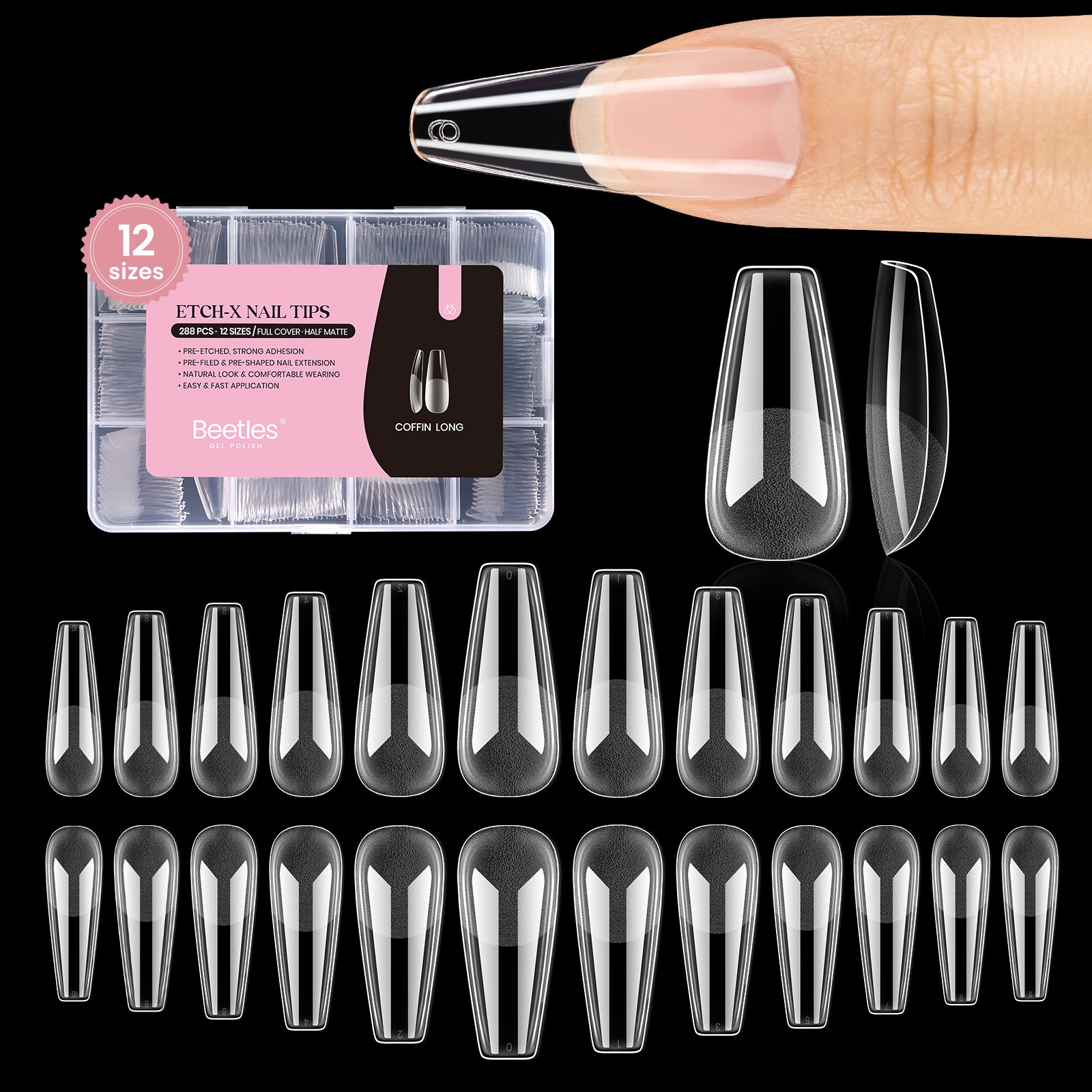 TEMU Beetles Coffin Long Gel Nail Tips Pre- Half Matte Full Cover, 288pcs, Pre-shaped In 12 Sizes For Press-on Extensions