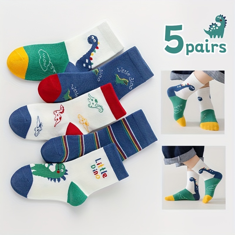 

5 Pairs Of Boy's Dinosaur Pattern Crew Socks, Soft Breathable Comfy Socks For Daily Wearing