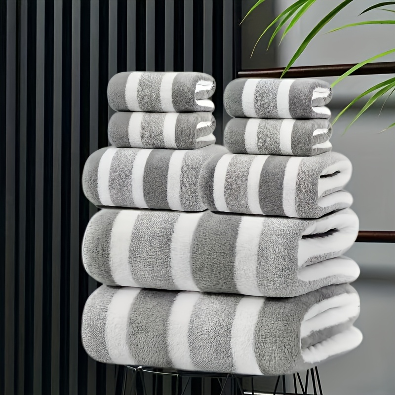 TEMU Ensemble de 8 pièces, collection de serviettes de bain à rayures bicolores peluches, ultra-absorbantes et ultra-douces, comprenant 2 grandes