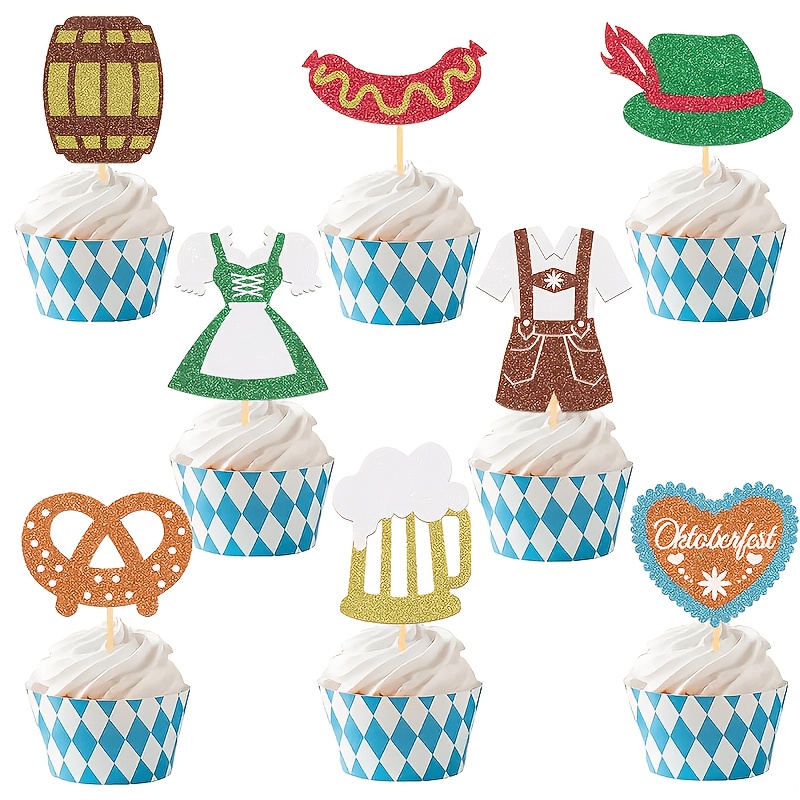 Image of 16pcs German Beer Festival Cupcake Toppers, Beer Mug Pretzel Sausage And Cupcake Picks, Beer Theme Party Decorations For Birthday, Brewery Party, Pub Celebration, Beer Tasting Event Supplies