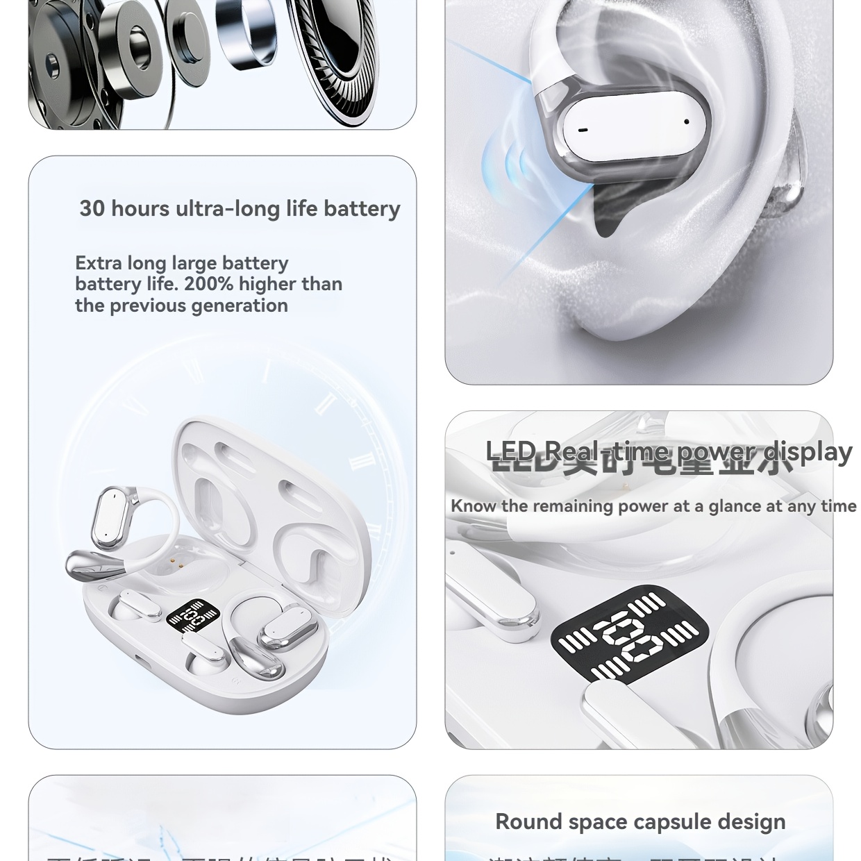 Wireless Earbuds with Type-C Fast Charging, Ultra-long Playback Time, Smart Touch Control, and Clear Call Quality. Includes Two Pairs: One In-ear and One Over-ear Style. Stereo Wireless Earbuds with HD Crystal-clear Calls. Compact and Exquisite