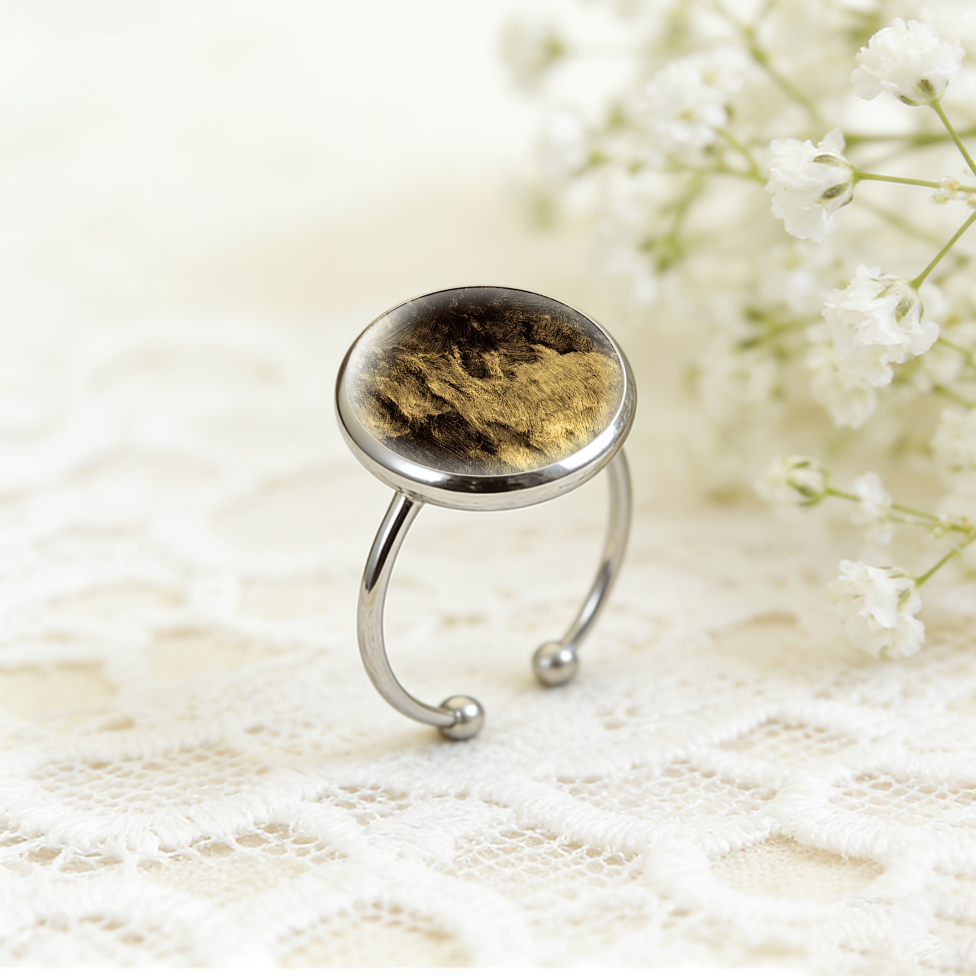 Colored Glass Inlaid Open Ring with Golden Black Texture