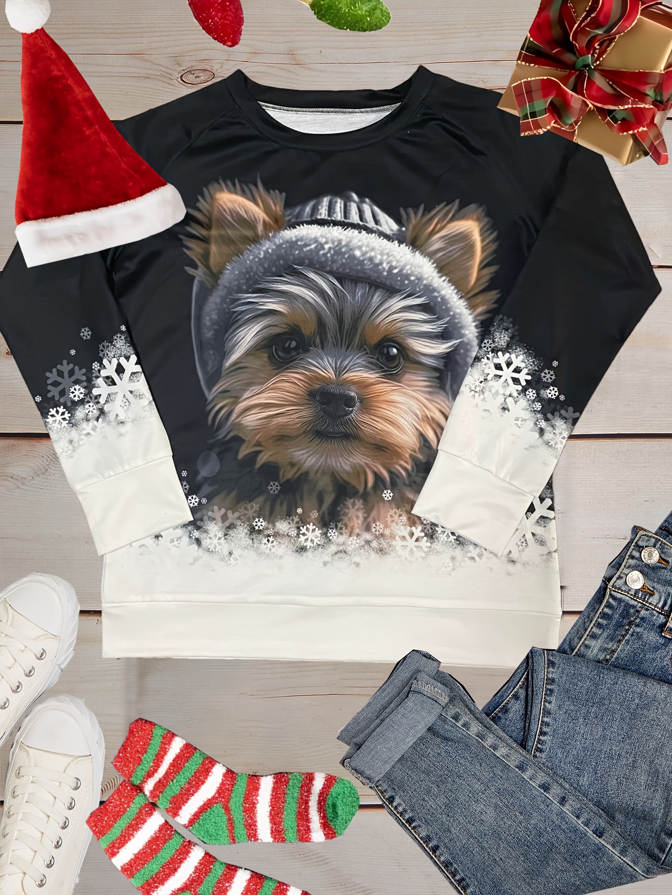 Womens Christmas Crew Neck Long Sleeve Raglan