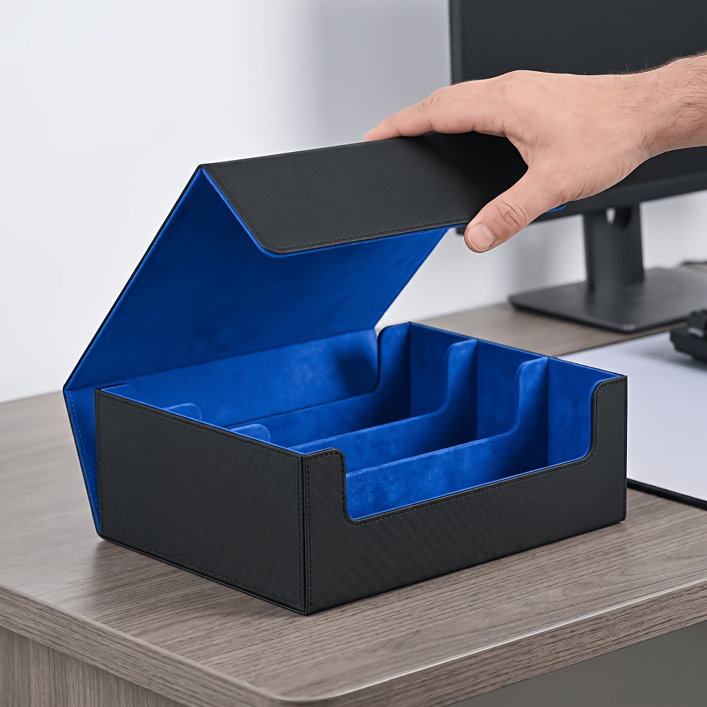 1800+ Card Storage Box, Premium Deck Box, Pu Leather Deck Case With Dividers, Game Card Specific Box (black And Blue)