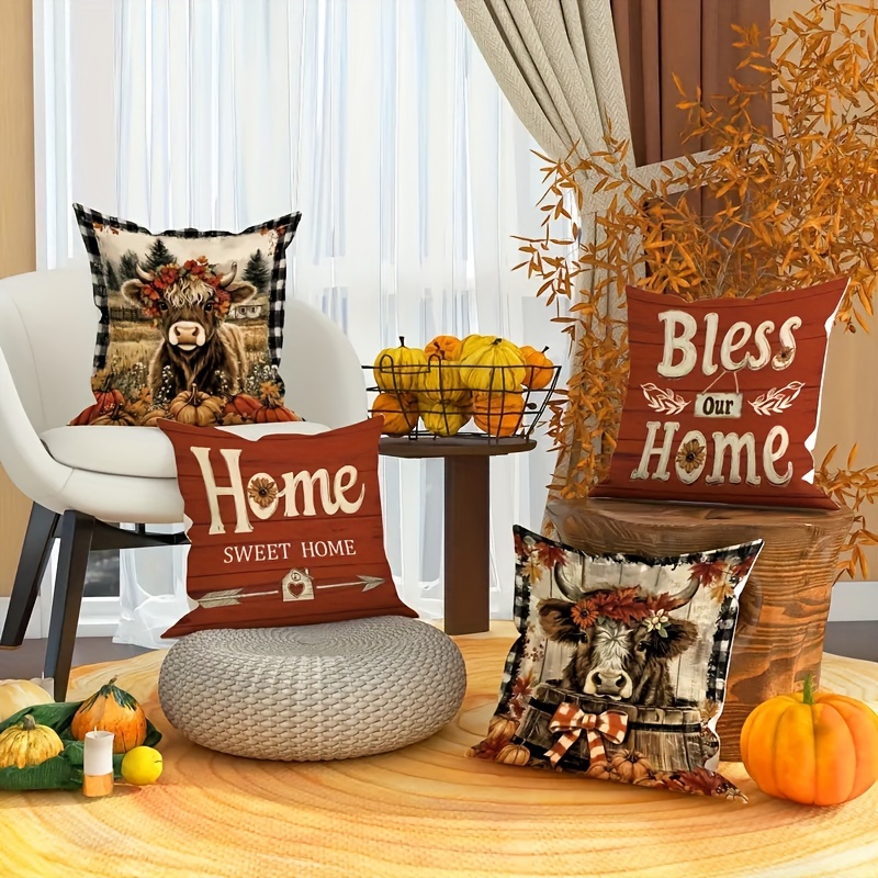 

4-pack Rustic Farmhouse Throw Pillow Covers, 18x18 Inches, Floral Pumpkin & Highland Cow Print, Soft Polyester, Zippered, Machine Washable, Autumn Decor For Living Room & Bedroom - Pillowcases Only