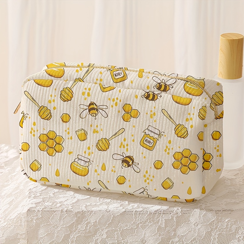 

Chic Bee & Honey Print Corduroy Makeup Bag - Spacious Travel Cosmetic Pouch For Women, Non-waterproof Polyester