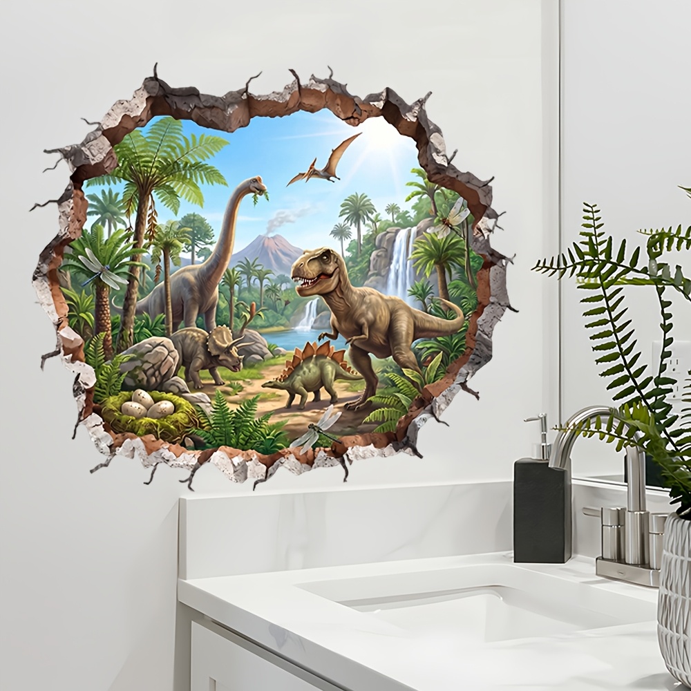 TEMU 1pc Wall-breaking Jurassic Dinosaur Sticker, Triceratops Wall-breaking Effect Bedroom Self-adhesive Decorative Sticker
