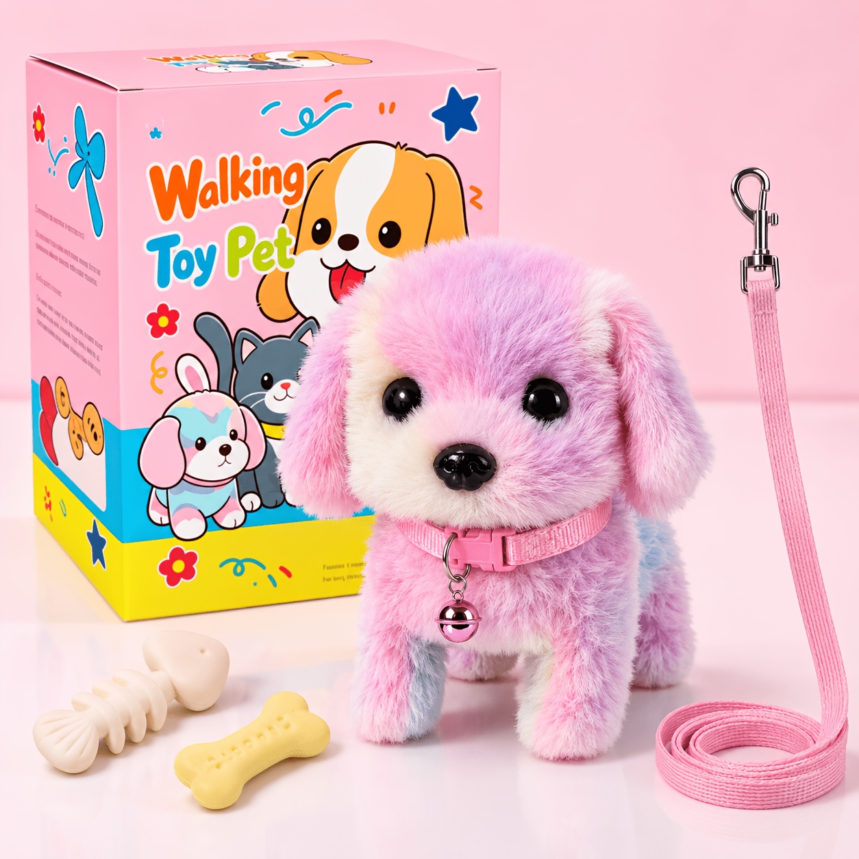 TEMU Pastel Puppy Plush Toy With Leash, Cute Interactive Stuffed Dog Pet With Collar Bell, Soft Doll With Toy Bone And Fishbone Props, Cuddly