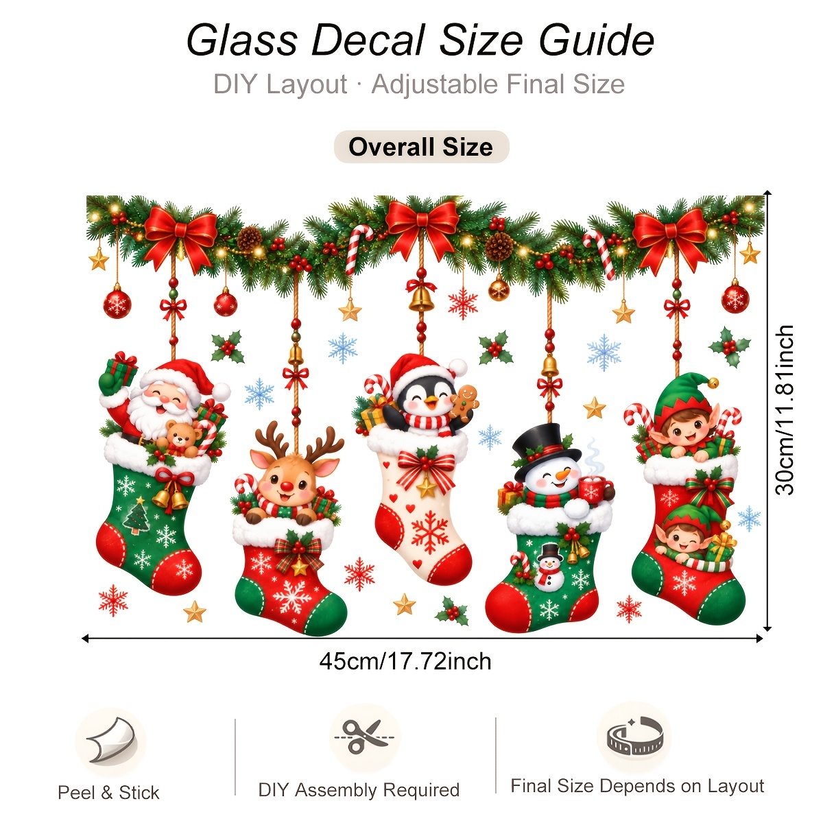 TEMU 1pc 30×45cm Christmas Stocking Window Cling, Santa, Reindeer, Penguin, Snowman, Elf Pattern Static Glass Sticker, Removable Vinyl Decal For Home