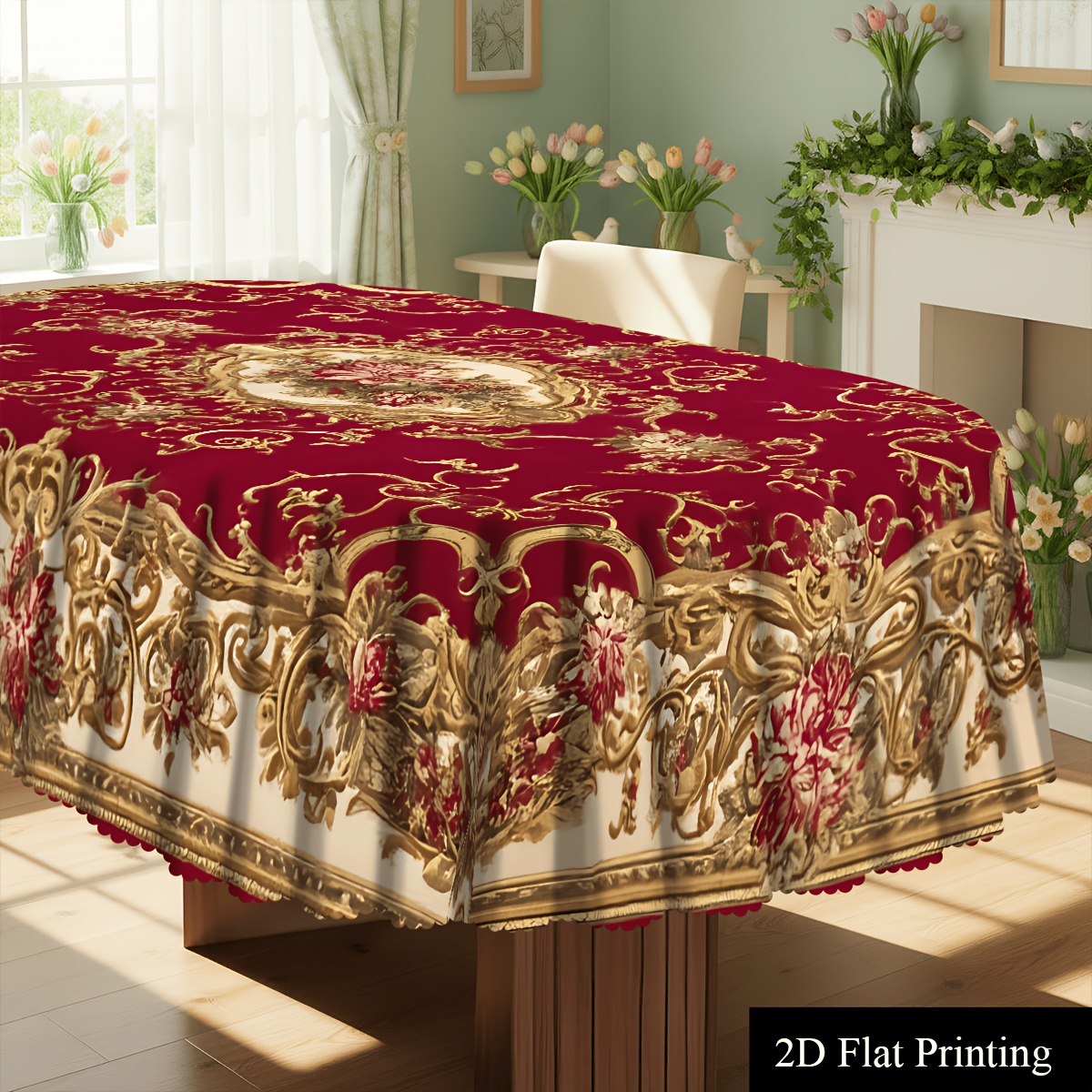 TEMU 1pc 2d Flat Printing Burgundy Gilded Floral Pattern Tablecloth, Luxurious Vintage Decoration Tablecloth, Circular Rectangular Oval Tablecloth,