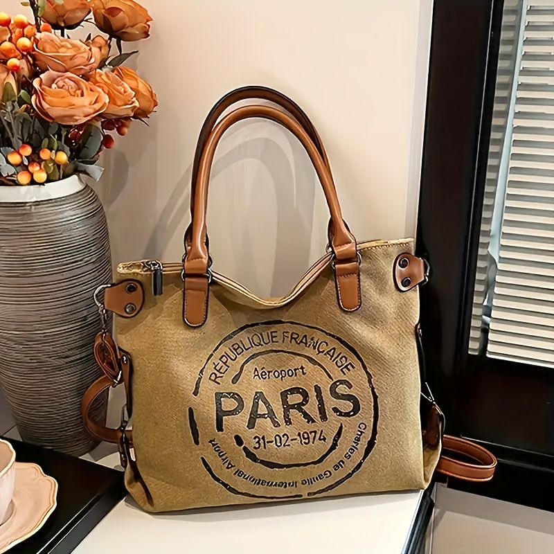 

Vintage Paris Stamp Canvas Tote Bag - Chic Khaki/grey, Sturdy & Lightweight With Zipper Closure, Removable Crossbody Strap, Polyester Lined - Daily , Work, Travel, School