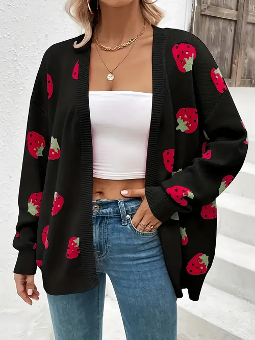 ladies strawberry pattern jacquard long sleeved cardigan elegant casual work autumn and winter coat knitted shirt