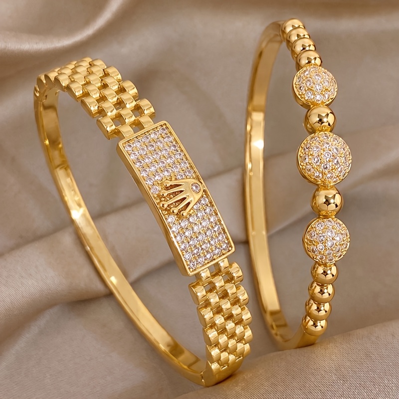 2pcs Gold-Tone Stainless Steel Bangle Set, Pavé Zirconia Detail