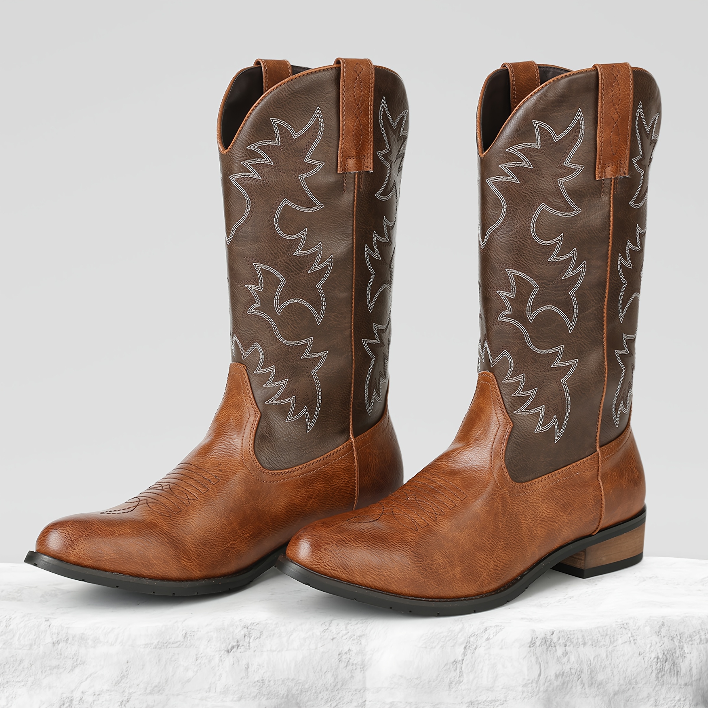 

Cowboy Boots For Men Embroidered Chunky Heels Pull On Round Toe Mid-calf Booties Work Western Combat Motorcycle Boots