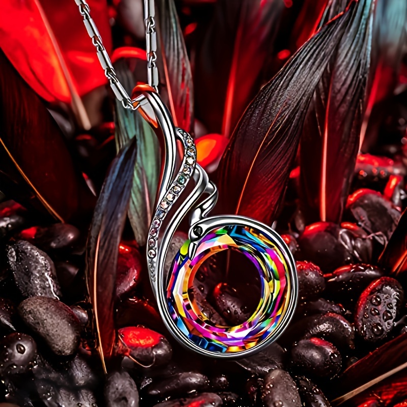 925 Silver Phoenix Round Crystal Pendant Necklace for Casual Attire