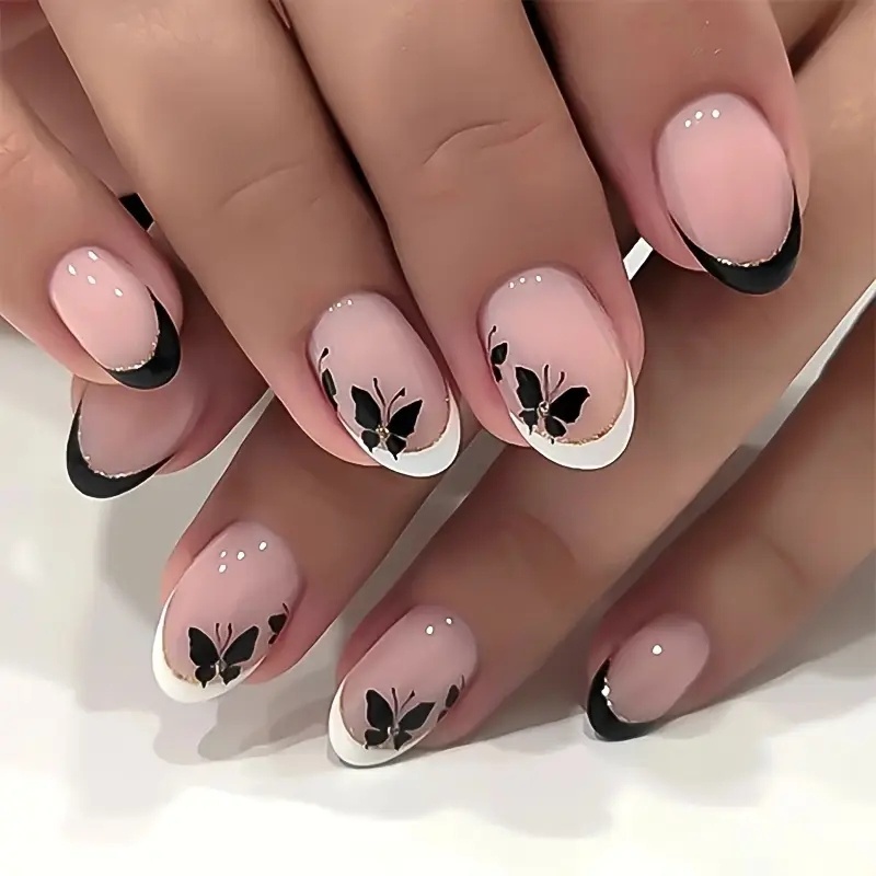 24pcs Short Oval Press-on Nails, Black With Glitter, Nail File Accessory, Gel