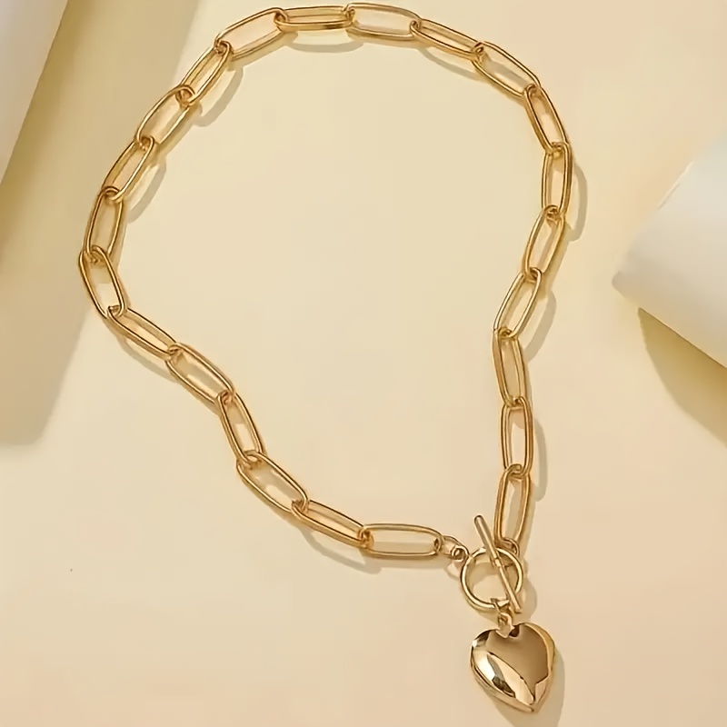 TEMU Elegant Golden-tone Heart Pendant Necklace For Women - Perfect For Daily Wear And Parties, Ideal Valentine's Day Gift, Party Accessory | Elegant Design | Heart Necklace