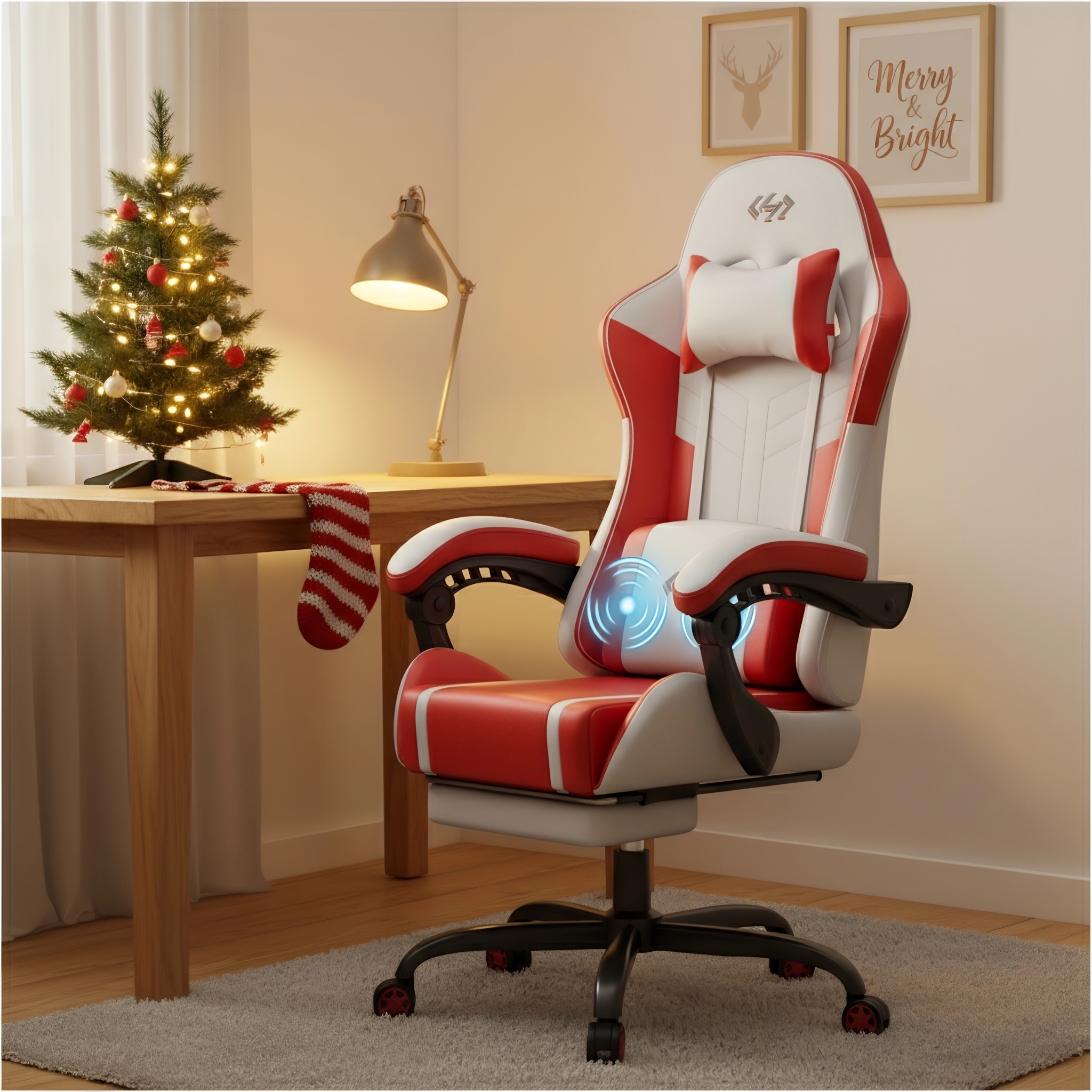 VIVENTA Gaming Chair, Ergonomic Game Chair for Adults, Gamer Computer Chair with Headrest, Massage Lumbar Support, Swivel Office Chair (White & Red)